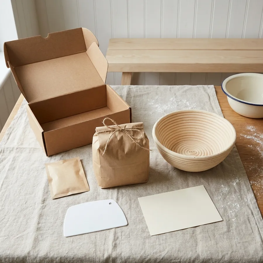 The First Loaf box laid out: a starter sachet, a bag of flour, a cane banneton, a scraper and a recipe card