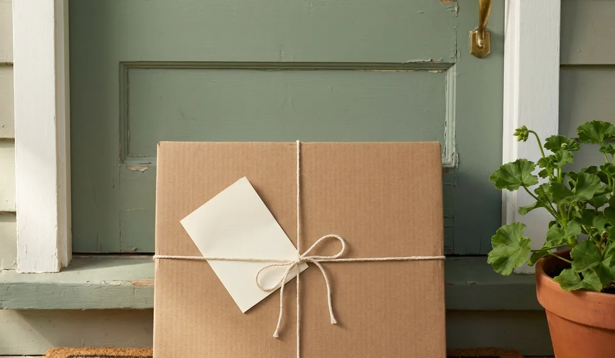 A brown parcel tied with string, a blank card under the string, at a front door