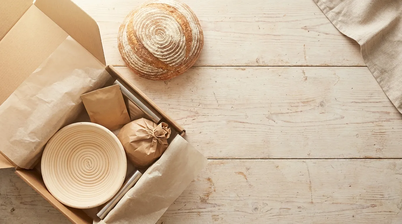An open gift box from above: a cane banneton, a starter sachet and a bag of flour, beside a fresh round loaf