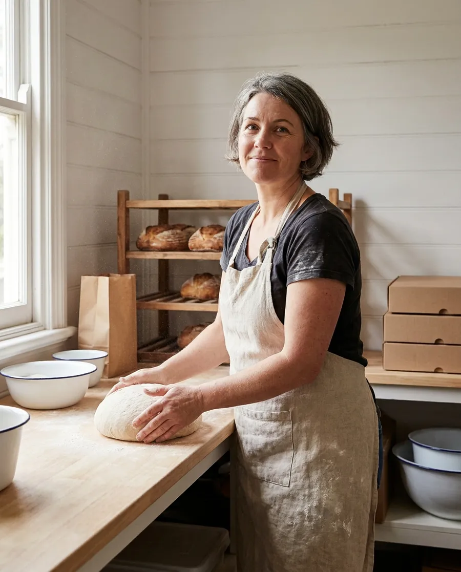 Jo shaping dough at her bench, loaves cooling behind her
