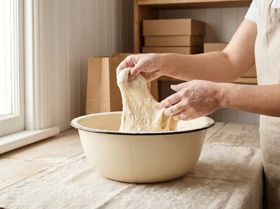 Floured hands stretching and folding dough in an enamel bowl