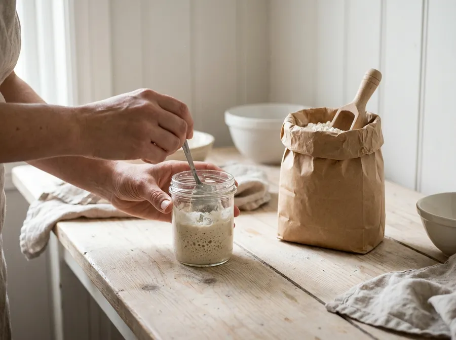 Stirring flour and water into a jar of starter